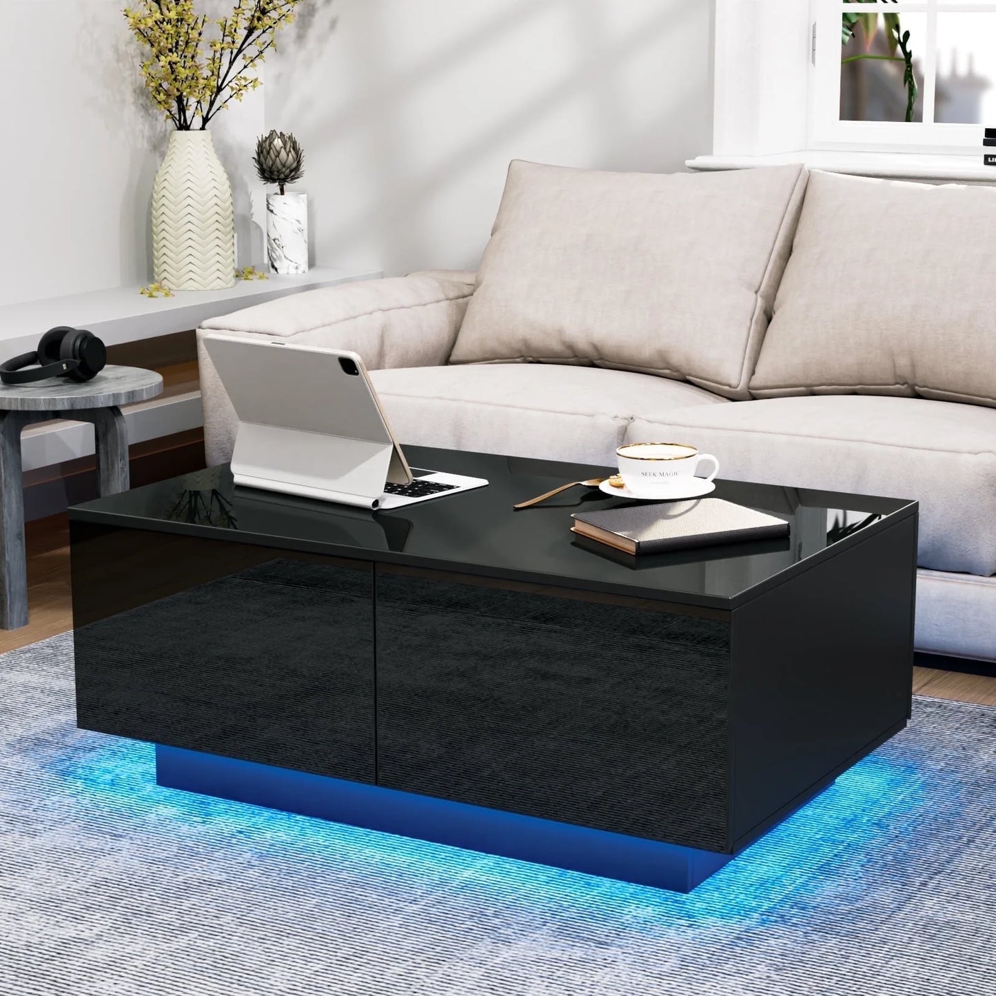 LED Coffee Table with 4 Drawers Modern Center Cocktail End Side Table Black High Gloss Finish for Living Room