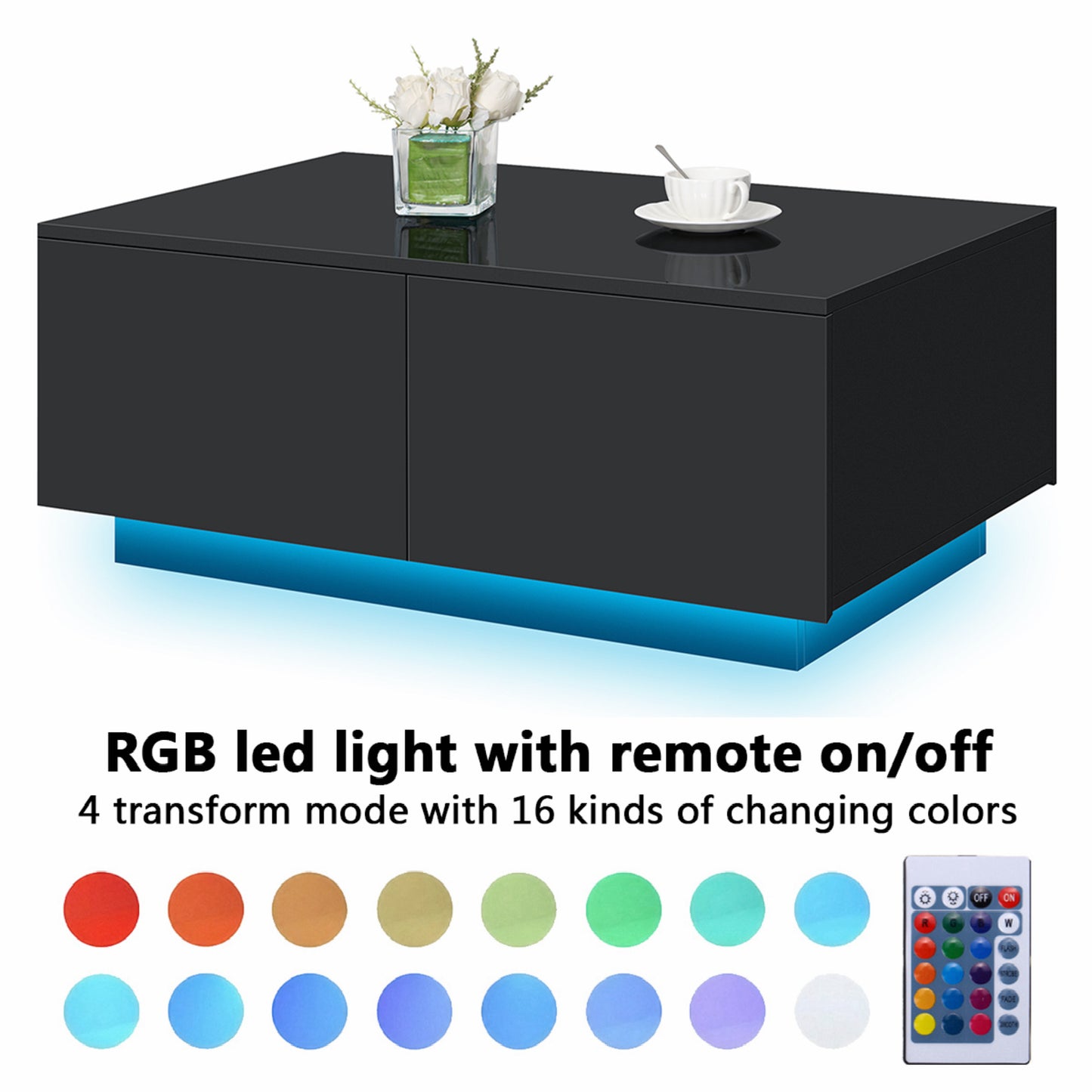 LED Coffee Table with 4 Drawers Modern Center Cocktail End Side Table Black High Gloss Finish for Living Room