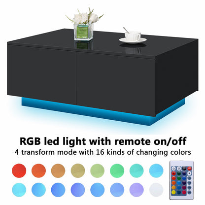 LED Coffee Table with 4 Drawers Modern Center Cocktail End Side Table Black High Gloss Finish for Living Room