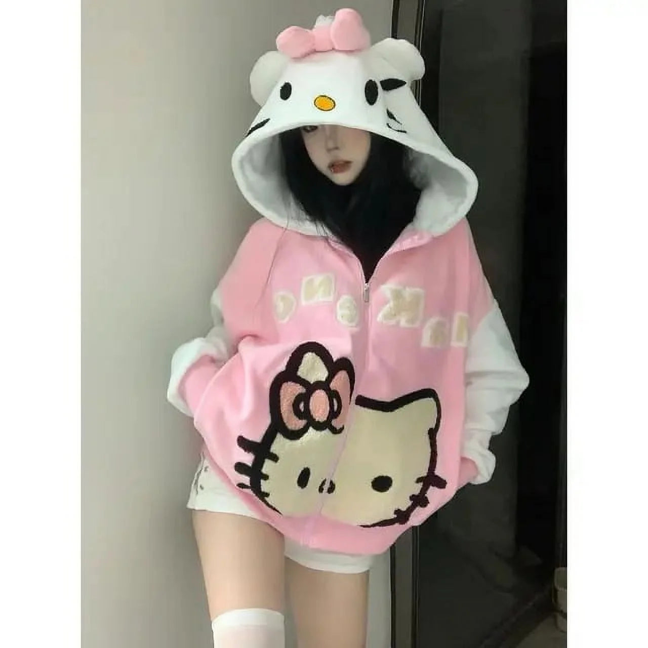 2023 Autumn Sanrio Y2K Hello Kitty Women‘S Autumn Clothes Hooded Sweatshirt Zipper Jacket Ins Anime Kawaii Fashion Loose Girls