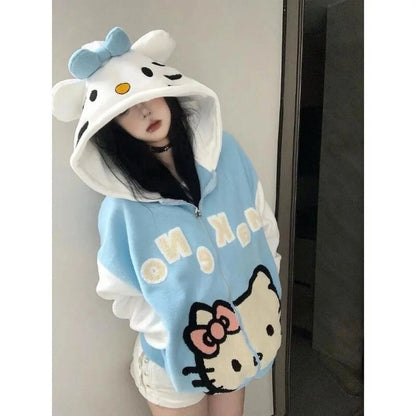 2023 Autumn Sanrio Y2K Hello Kitty Women‘S Autumn Clothes Hooded Sweatshirt Zipper Jacket Ins Anime Kawaii Fashion Loose Girls