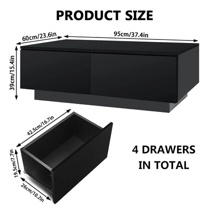 LED Coffee Table with 4 Drawers Modern Center Cocktail End Side Table Black High Gloss Finish for Living Room