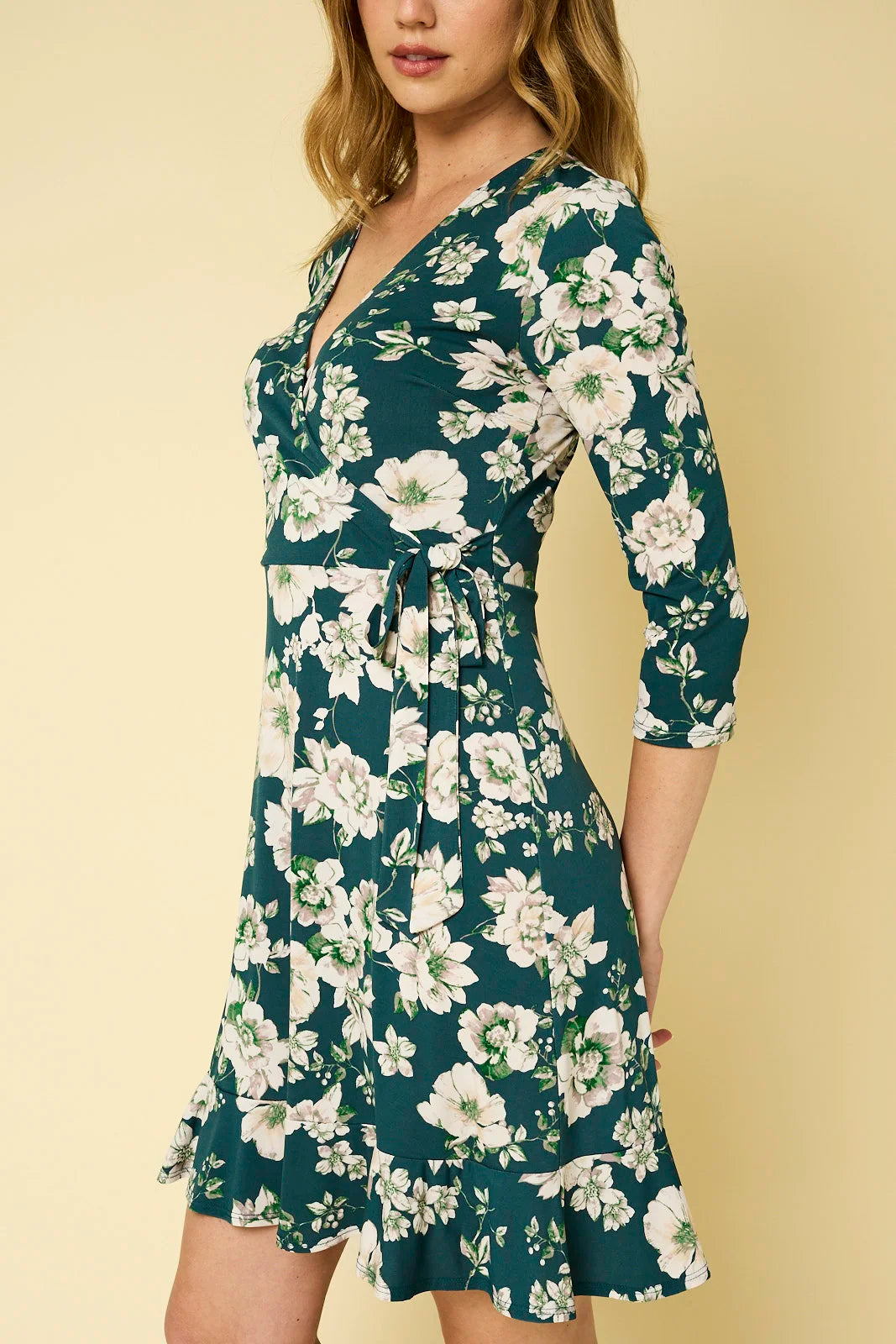 Floral Wrap Tie 3/4 Sleeve V Neck Mini Dress