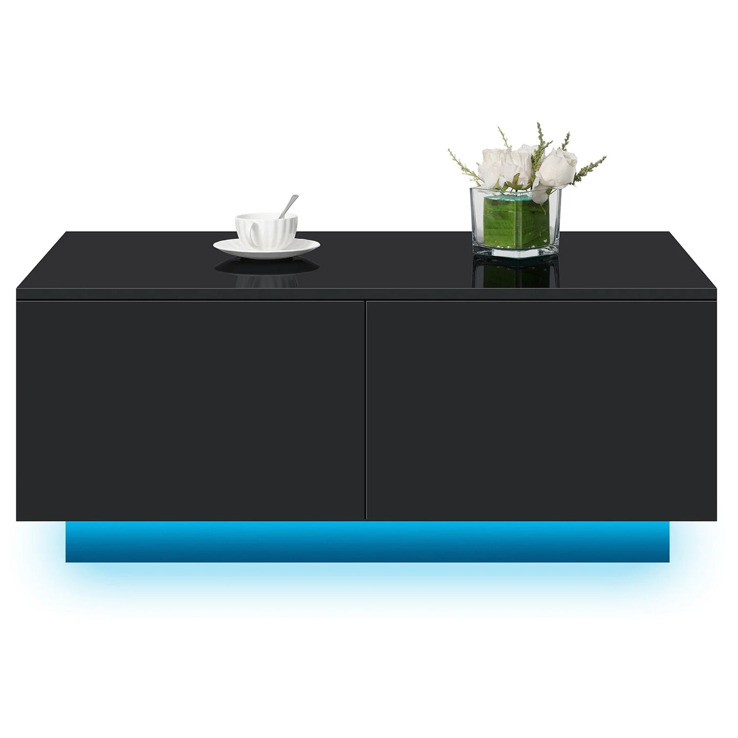 LED Coffee Table with 4 Drawers Modern Center Cocktail End Side Table Black High Gloss Finish for Living Room