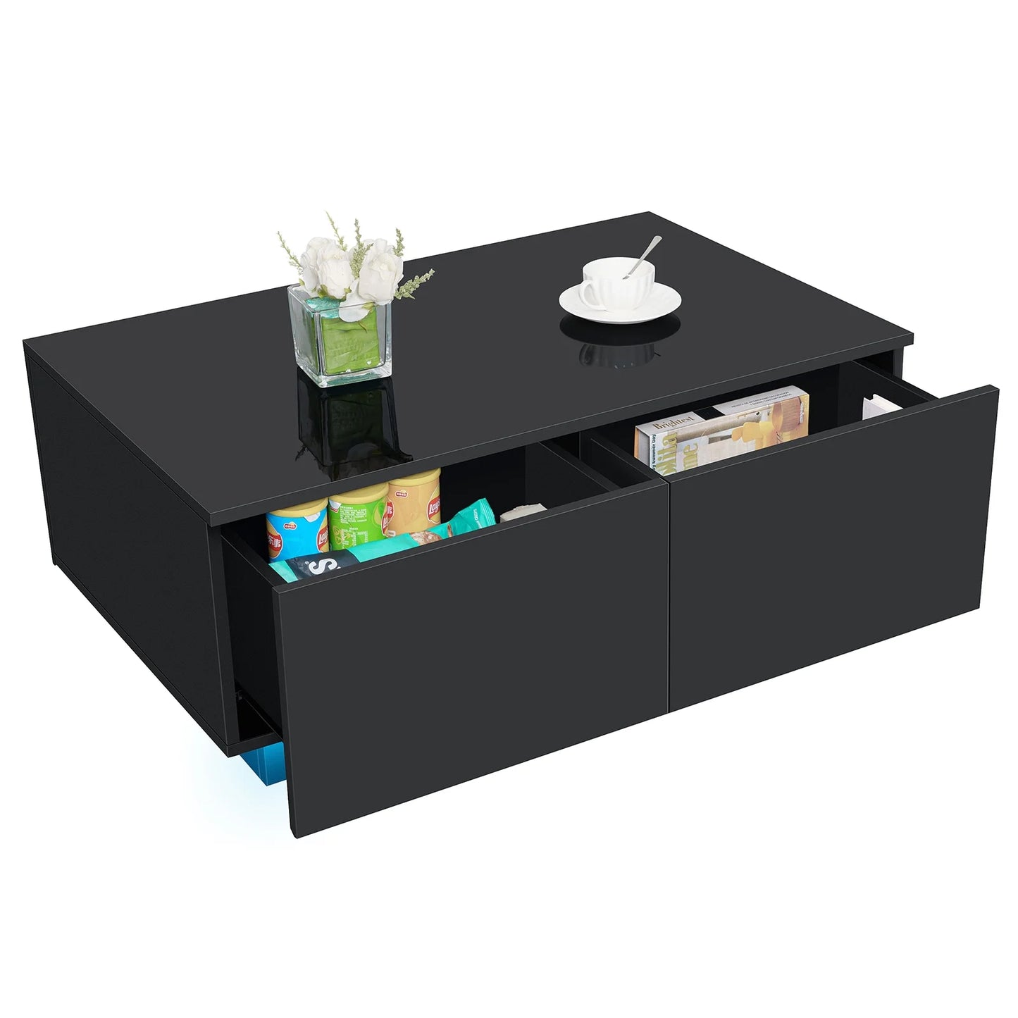 LED Coffee Table with 4 Drawers Modern Center Cocktail End Side Table Black High Gloss Finish for Living Room