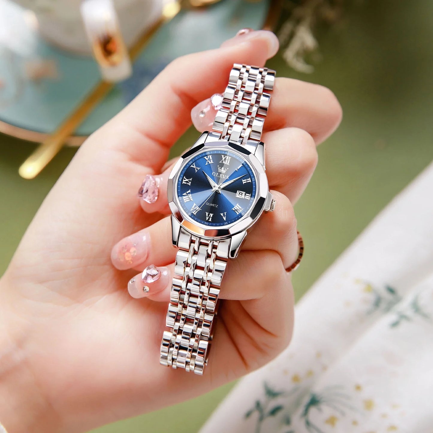 Fashion Blue Face Watches for Women Elegant Sliver Stainless Steel Strap Womens Watches Day Date Watches for Ladies Waterproof Ladies Watches Analog Quartz Watches Womens Roman Numerals Watches